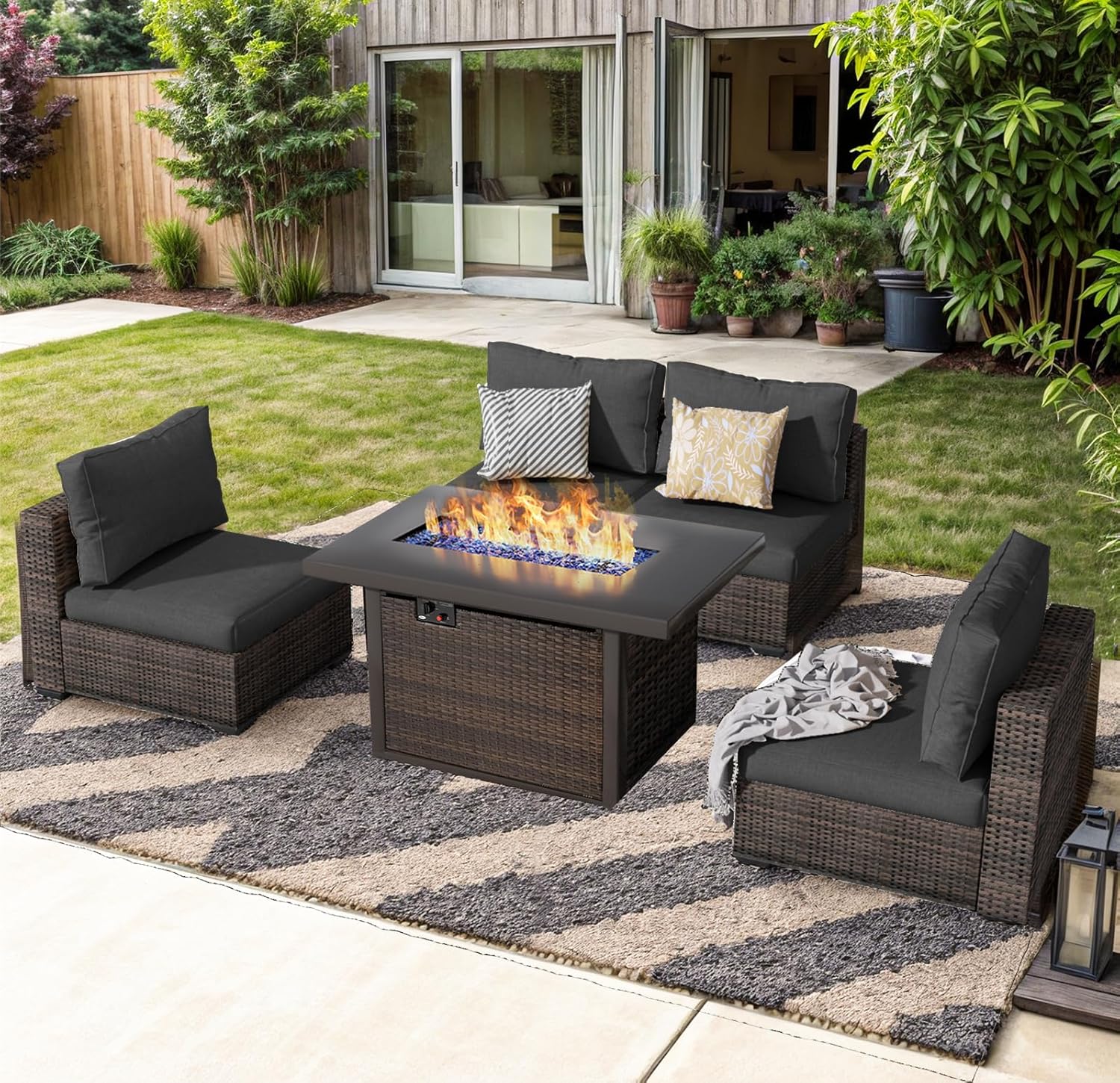 Outdoor Furniture With Fire Pit Table - 야외용 섹셔널 가구, 5피스 파티오 가구