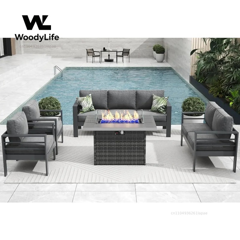 Outdoor Furniture With Fire Pit Table - L5 모던 알루미늄 파티오 가구 세트