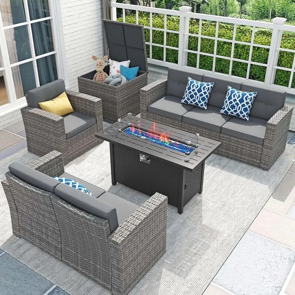 Outdoor Furniture With Fire Pit Table - 8피스 파티오 가구 세트(45인용 화덕 테이블