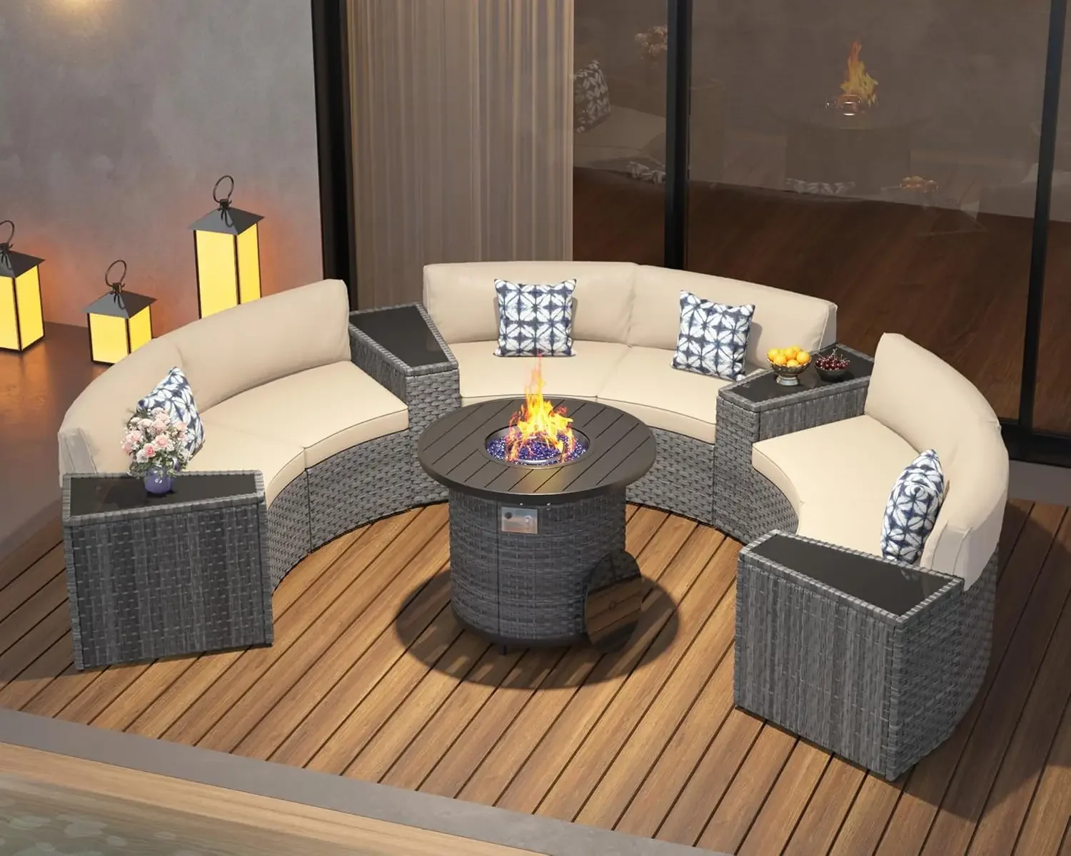Outdoor Furniture With Fire Pit Table - 32인치 화덕 테이블, 11피스 반달형 곡선
