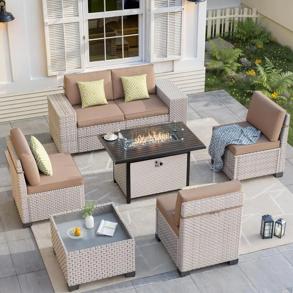 Outdoor Furniture With Fire Pit Table - 7피스 야외 파티오 가구 세트(화덕 포함),