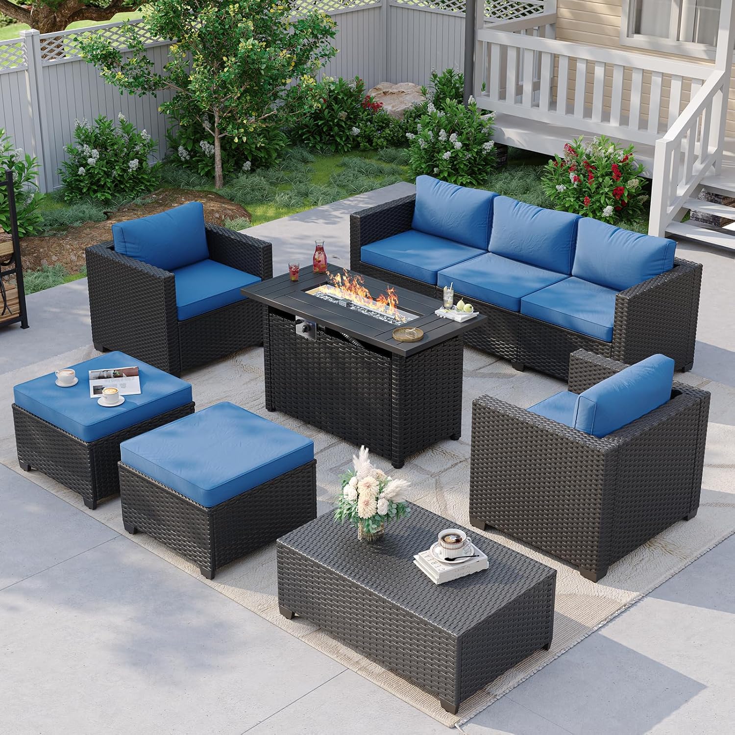 Outdoor Furniture With Fire Pit Table - 네이비 블루 야외용 섹셔널 소파 (화덕