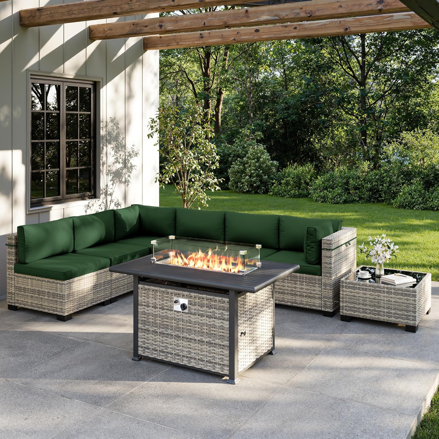 Outdoor Furniture With Fire Pit Table - 8피스 야외 파티오 가구 세트(55,000 BTU