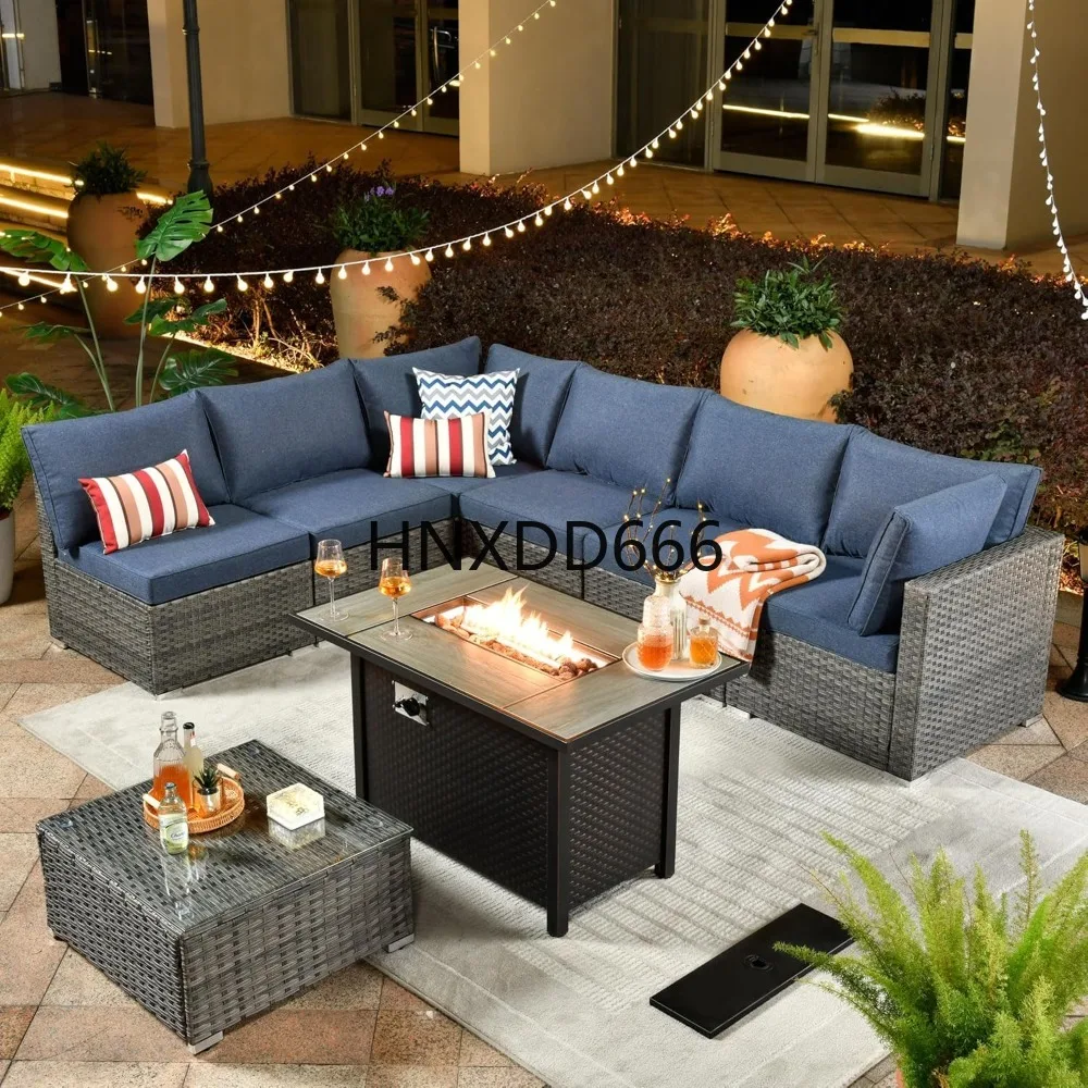 Outdoor Furniture With Fire Pit Table - 야외용 8피스 파티오 가구 세트 (화덕