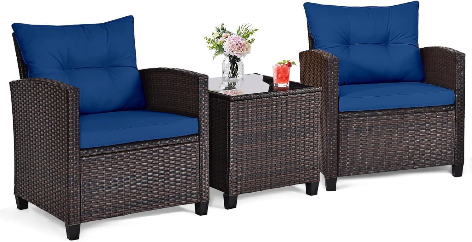 Outdoor Furniture Table And Chairs - 네이비 블루 라탄 위커 3피스 야외