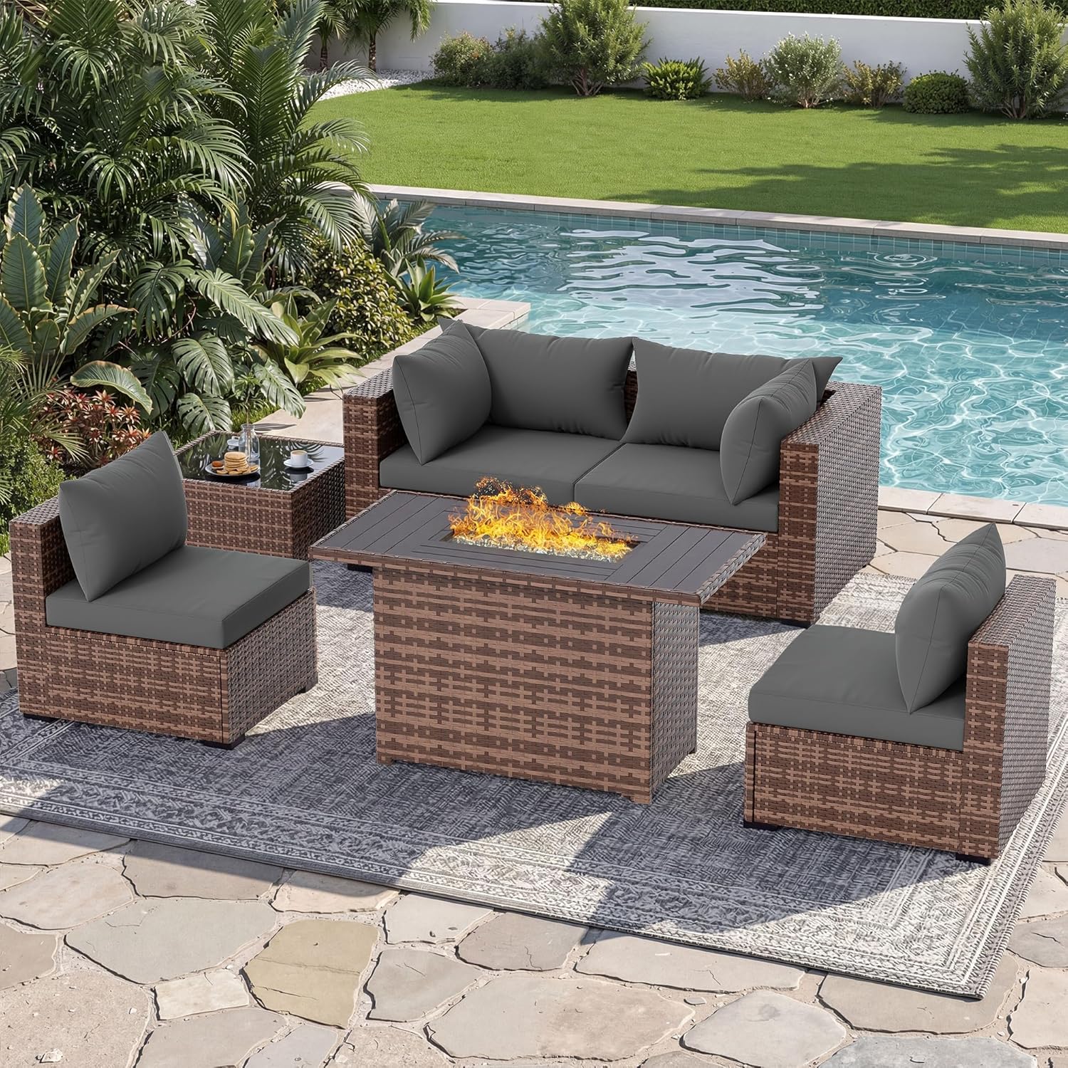 5피스 야외 섹셔널 소파 세트(화덕 테이블 포함), 전 - Outdoor Furniture With Fire Pit Table 리뷰 및 가격