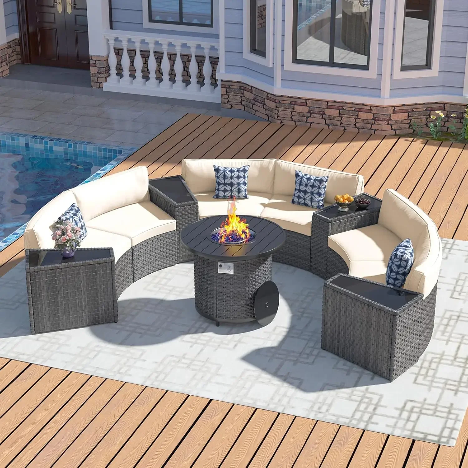 32인치 화덕 테이블, 11피스 반달형 곡선 야외 섹셔 - Outdoor Furniture With Fire Pit Table 리뷰 및 가격