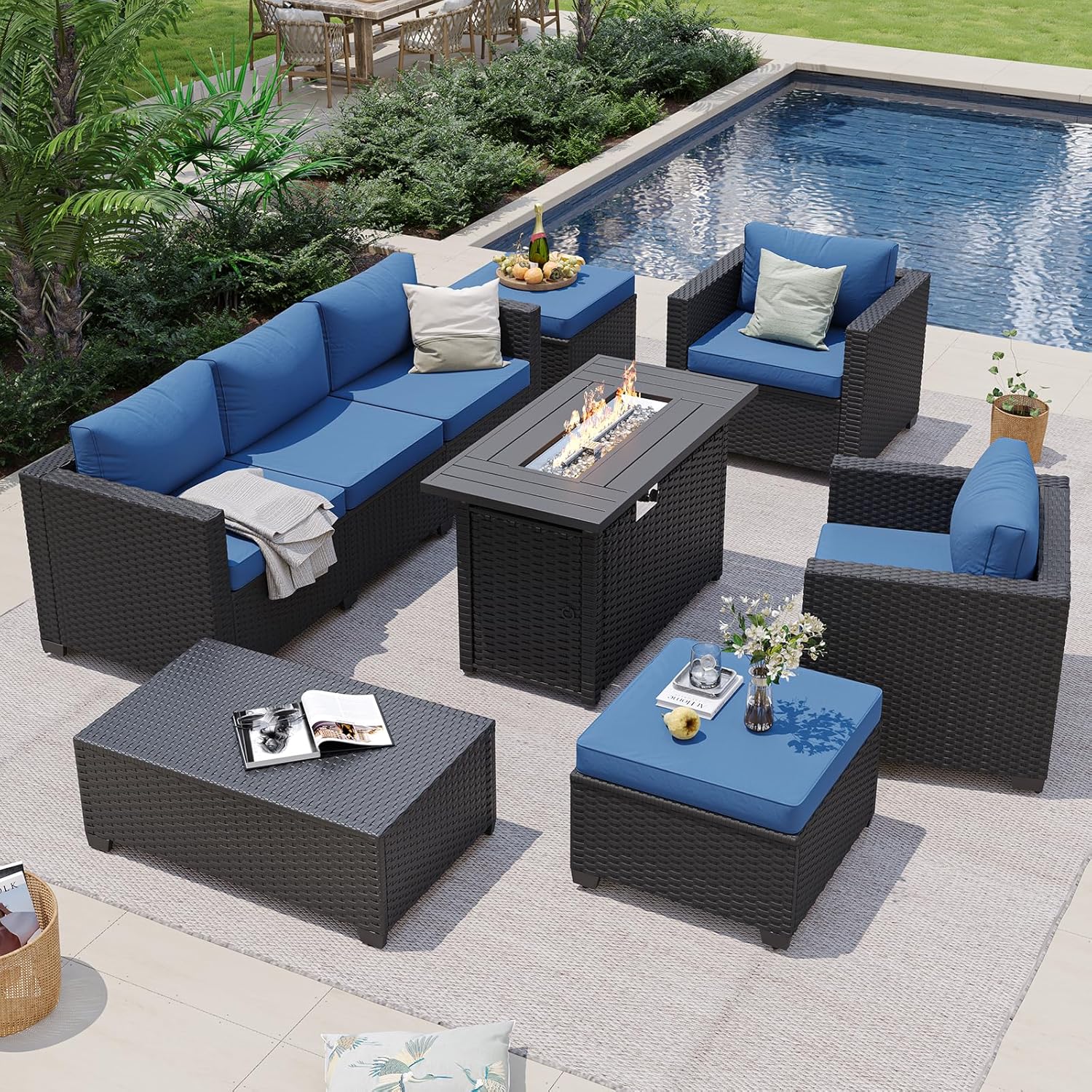 네이비 블루 야외용 섹셔널 소파 (화덕 테이블 및 수납 - Outdoor Furniture With Fire Pit Table 리뷰 및 가격