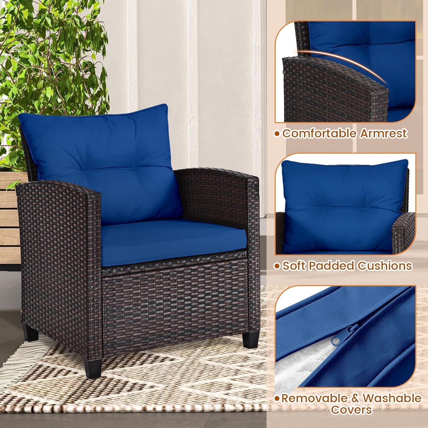 네이비 블루 라탄 위커 3피스 야외 비스트로 세트(쿠션 - Outdoor Furniture Table And Chairs 리뷰 및 가격